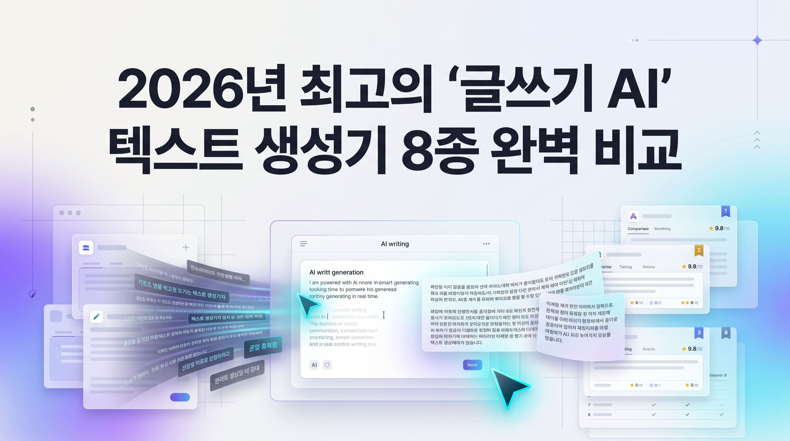 HIX.AI, Jasper, Copy.ai 등 상위 8개 글쓰기 AI 텍스트 생성기의 주요 특징과 활용 분야를 비교하는 시각적 인포그래픽