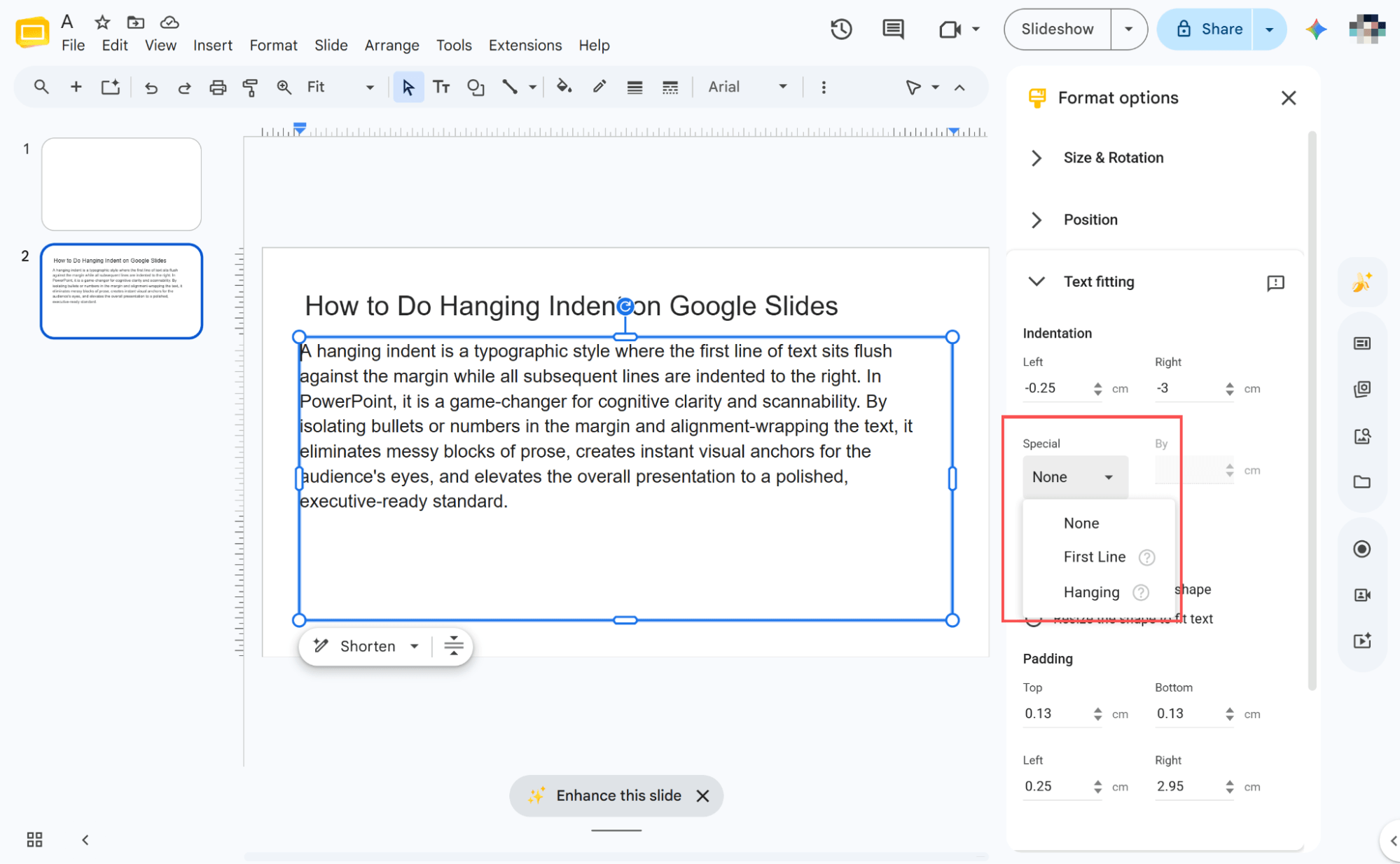 choose indent options