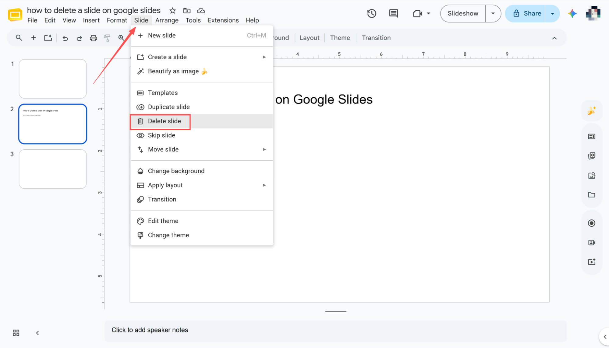 Delete a slide on Google slides