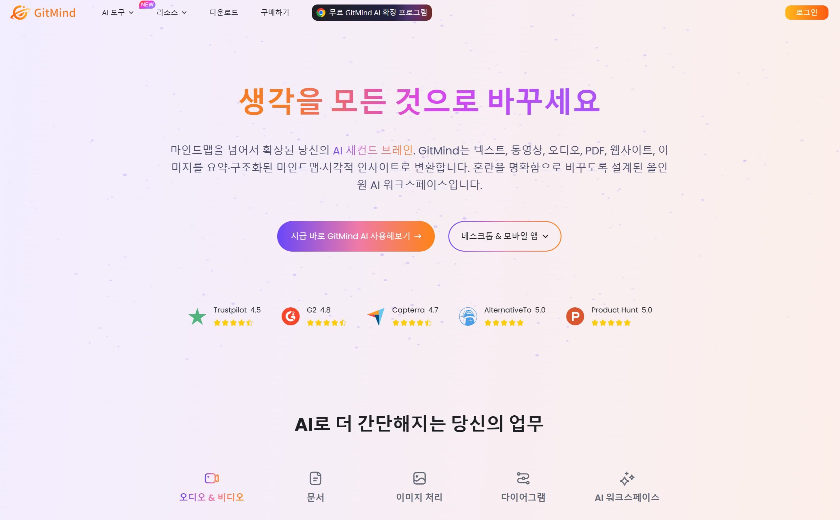 프롬프트 한 줄로 직관적이고 디자인이 우수한 마인드맵을 자동 생성하는 GitMind 앱 화면