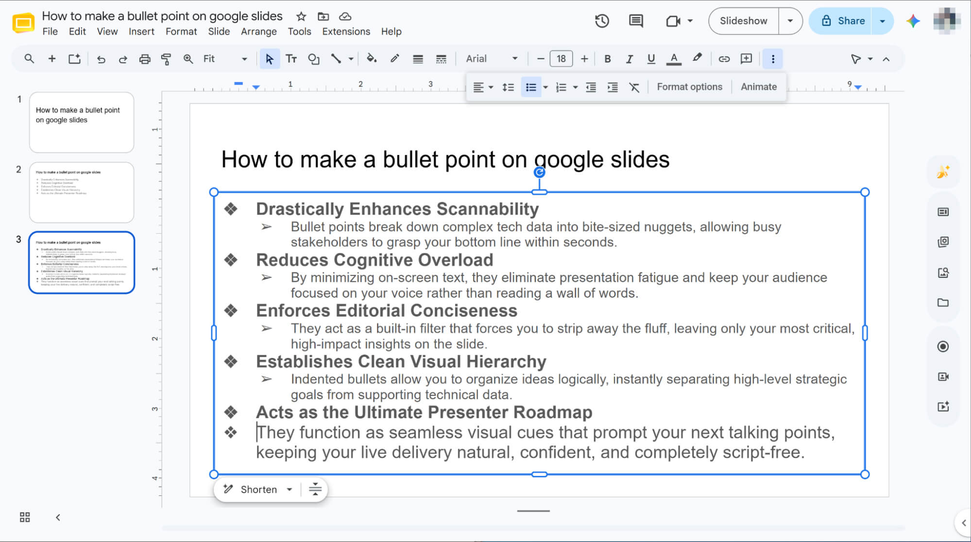 indent to create sub bullets