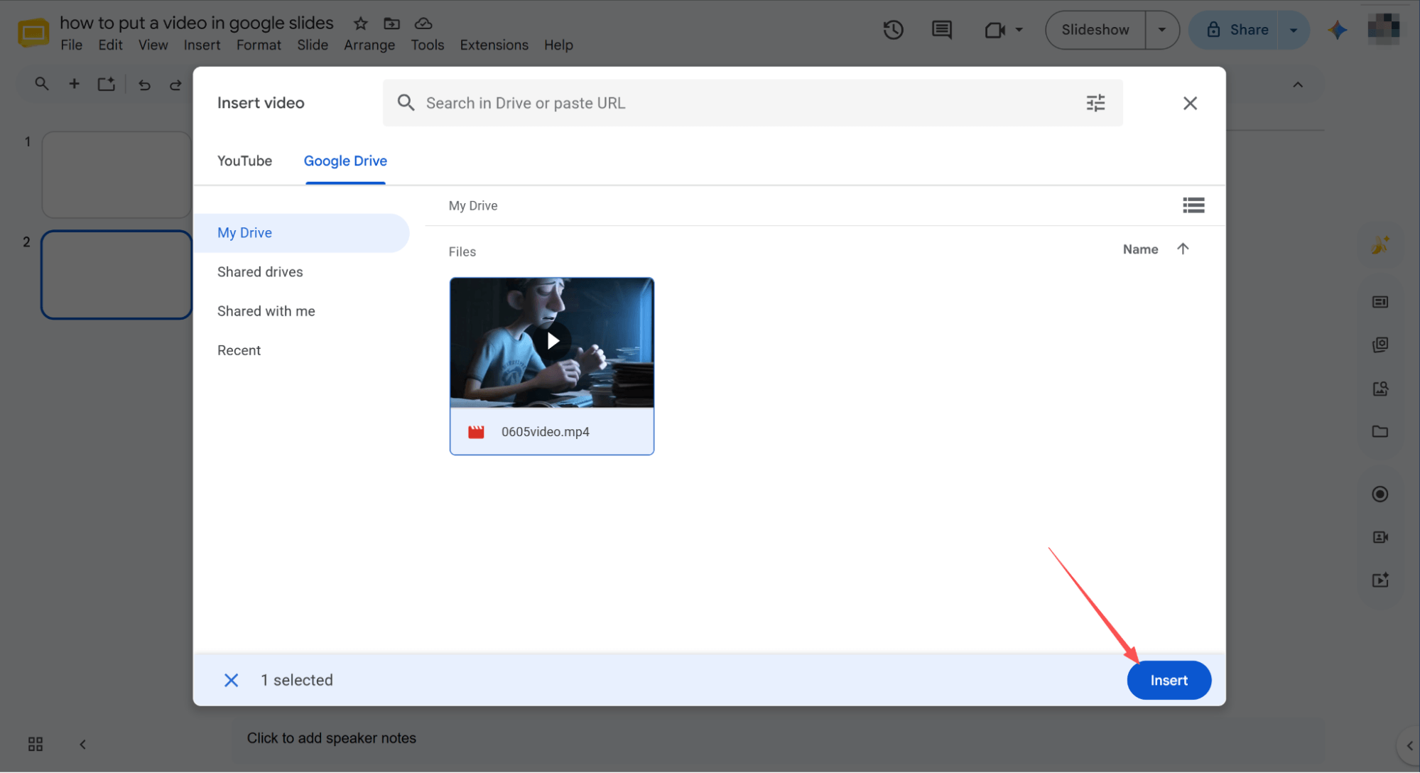 insert video using google drive
