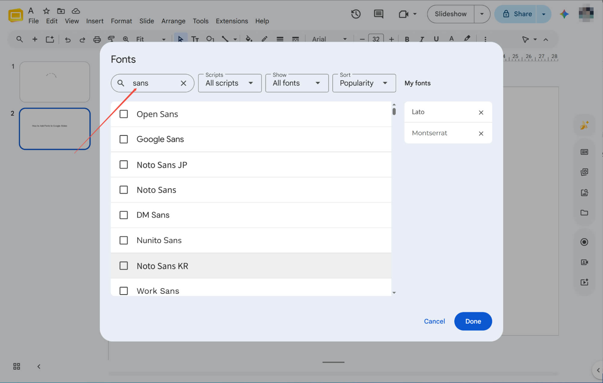 searching selecting fonts