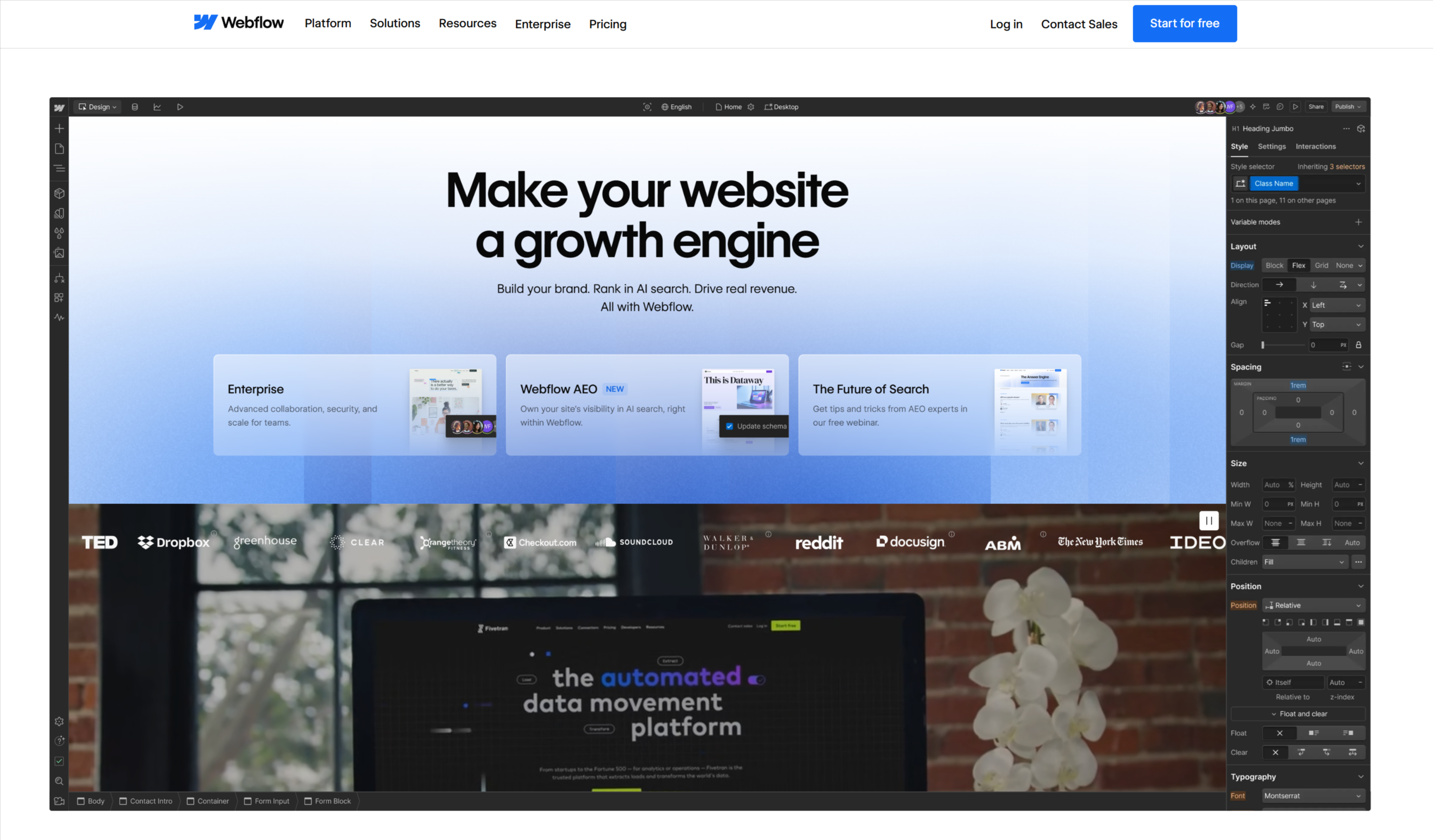 AI의 지원을 받아 웹사이트 코드를 픽셀 단위로 제어하고 커스터마이징할 수 있는 Webflow 편집기 화면